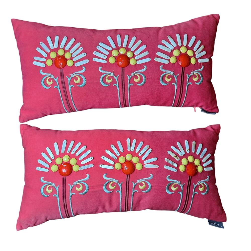 ​Echo Design Beaded Floral Lumbar Pillows Mother of Pearl Shells 17x8.5 Set Of 2